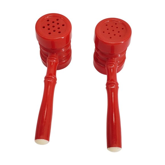 Mallet VTG Salt & Pepper Shakes Celluloid Plastic Red & Cream Gavel 1950s MCM - Picture 2 of 4